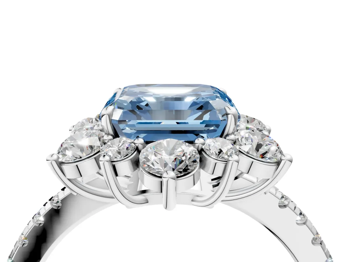 Fancy Blue Asscher Cut Diamond Floral Halo Ring with Round Pavé Band and Prong Setting Platinum