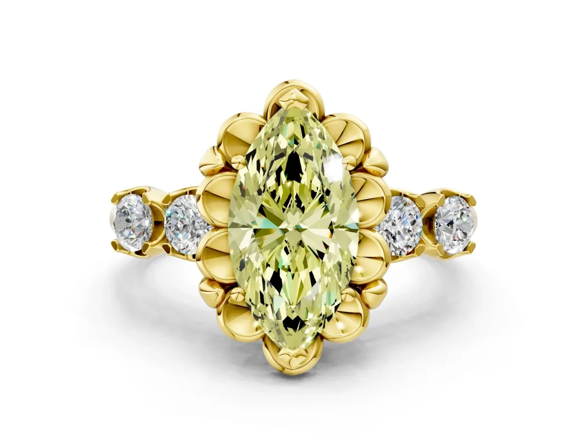 Fancy Yellow Marquise Cut Cut Diamond Floral Halo Engagement Ring with Shared Prong Setting Yellow gold