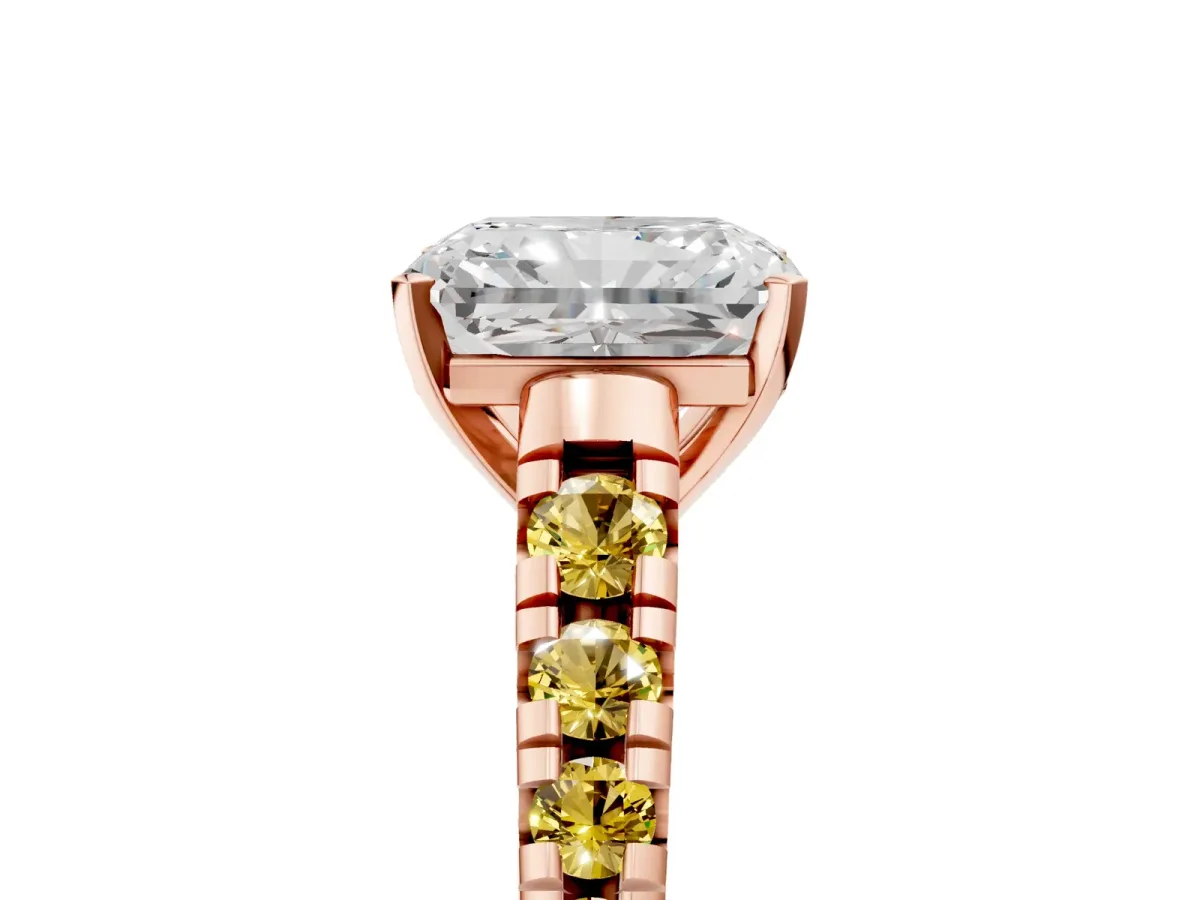 Radiant Cut Diamond Cathedral Solitaire Ring with Round Yellow Sapphire Pavé Band Rose gold
