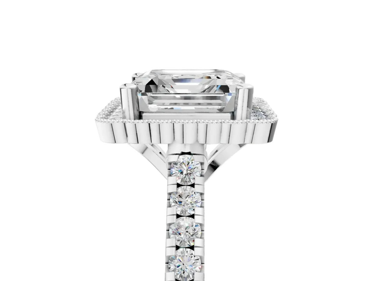 Asscher Cut Cut Diamond Milgrain Floral Halo Engagement Ring with Pavé Band Platinum