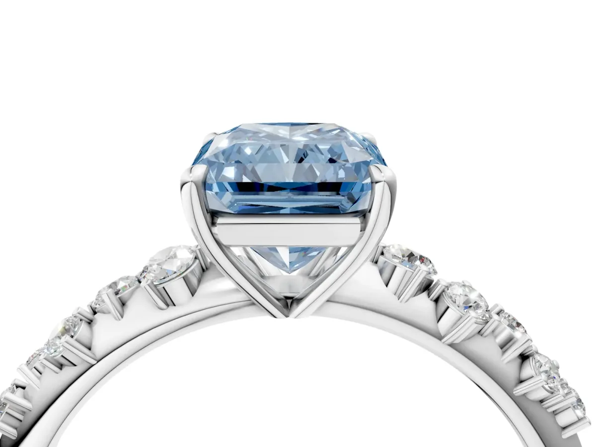Fancy Blue Radiant Cut Diamond Cluster Side Stone Solitaire Ring with Prong Setting Platinum
