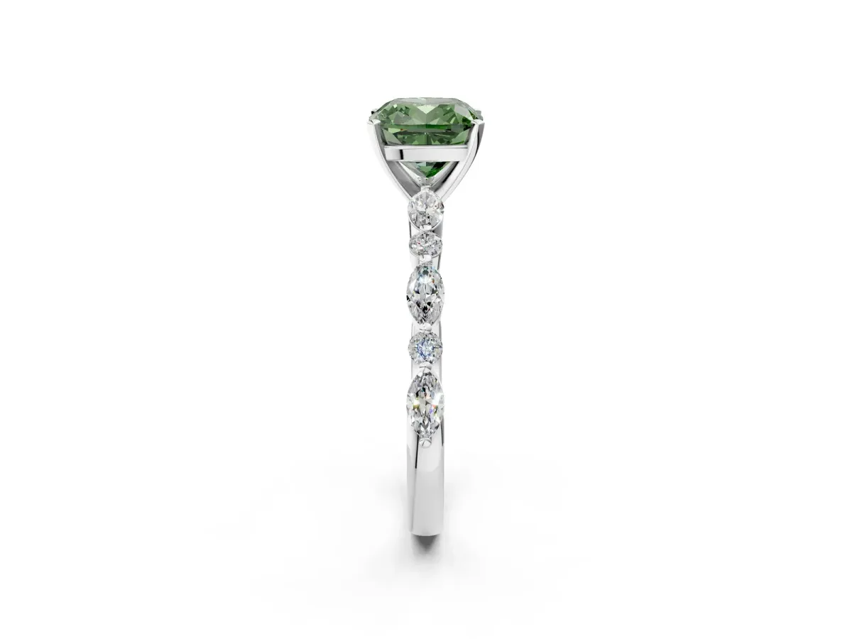Fancy Green Cushion Cut Diamond Ring with Marquise and Round Side Stones and Four-Prong Setting White gold