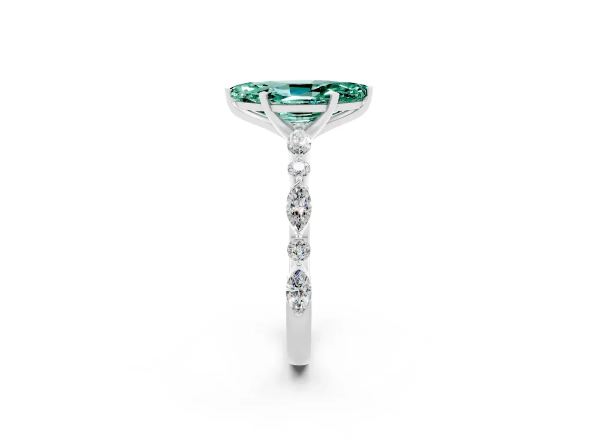 Marquise Cut Green Sapphire Ring with Marquise and Round Side Stones and Four-Prong Setting White gold