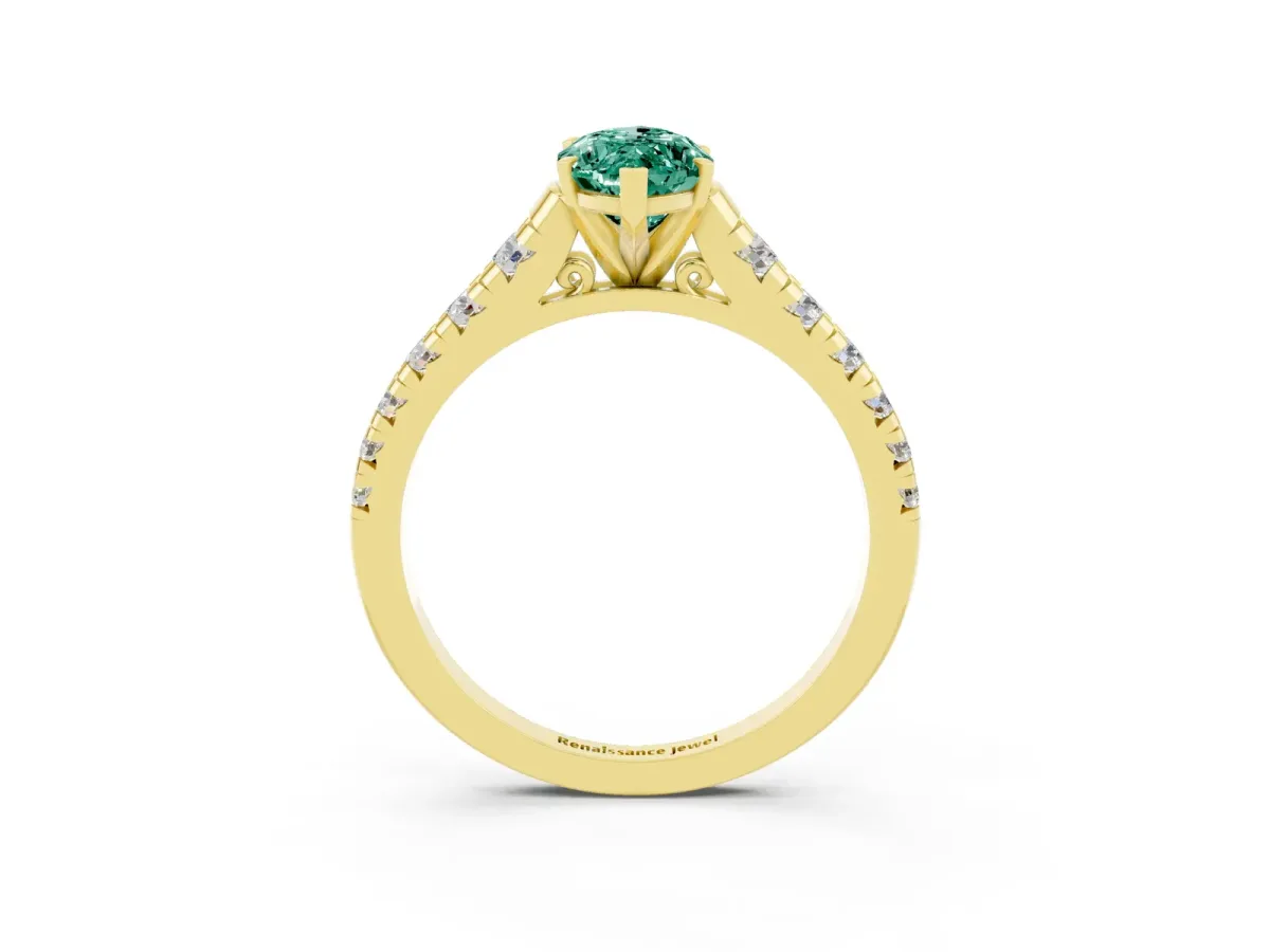 Marquise Cut Green Sapphire Cathedral Solitaire Ring with Round Pavé Band Yellow gold