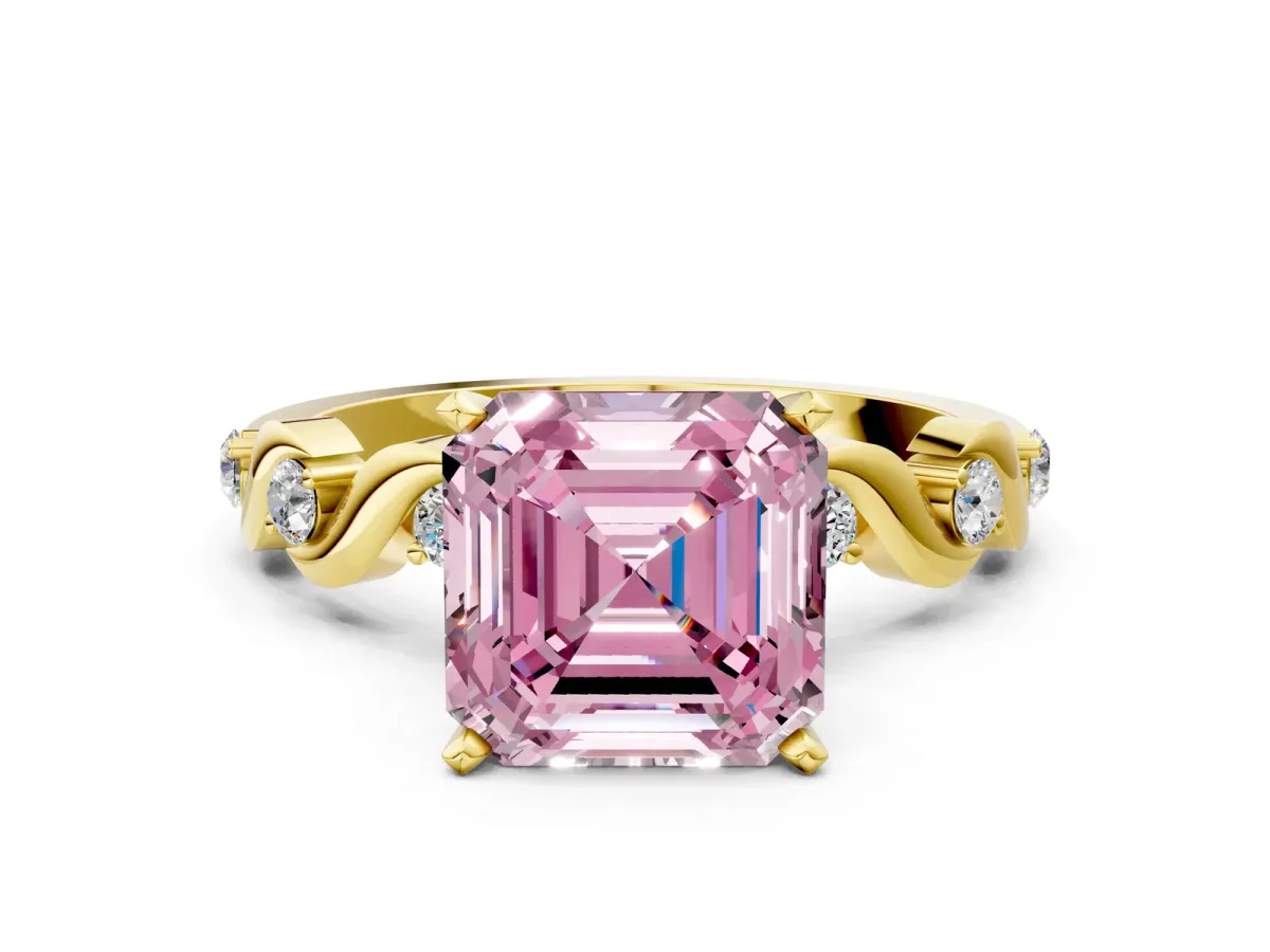 Fancy Pink Asscher Cut Diamond Solitaire Twisted Band with Round Accents and Prong Setting Yellow gold