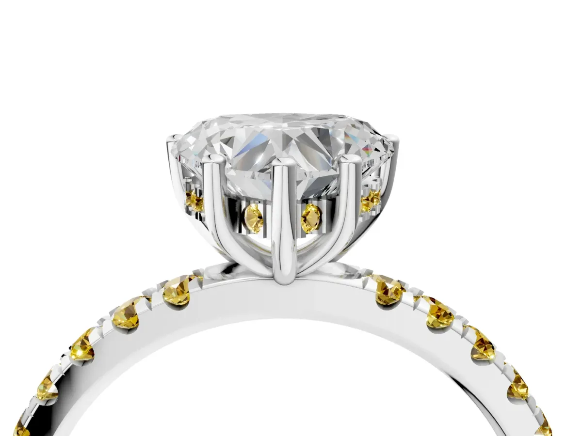 Heart Cut Diamond Pave Band Solitaire Ring with Round Yellow Sapphire and Prong Setting White gold