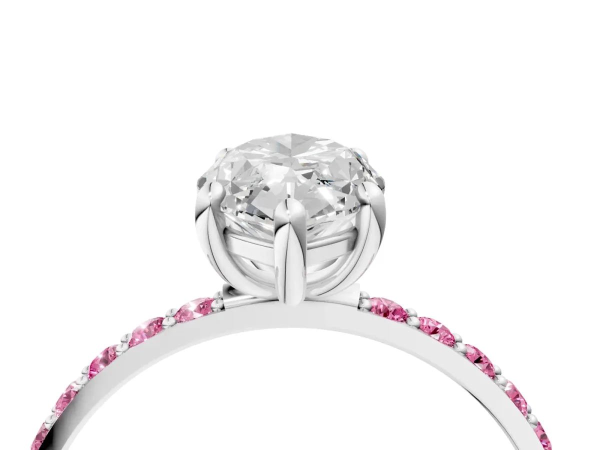Marquise Cut Diamond Solitaire Ring with Round Pink Sapphire Pavé Band and Prong Setting White gold