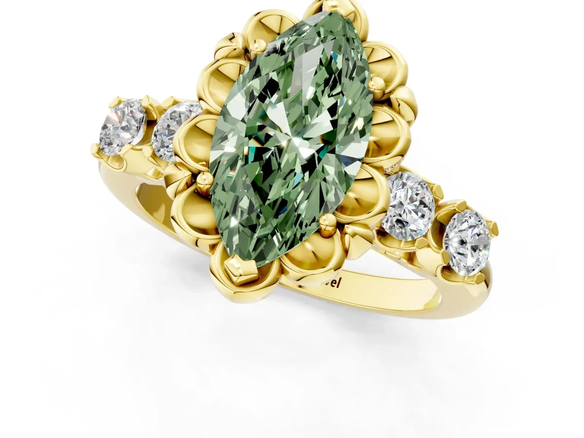 Fancy Green Marquise Cut Cut Diamond Floral Halo Engagement Ring with Shared Prong Setting Yellow gold