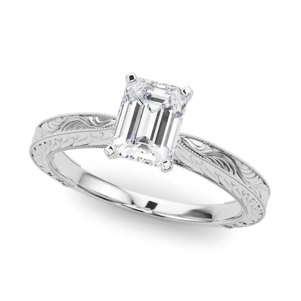 Emerald Cut Solitaire Milgrain Engraved Band with Four-Prong Setting White gold
