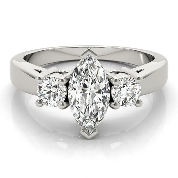 Three-Stone Radiant Cut Diamond Solitaire with Round Accents and Prong Setting on a Classic Band White gold