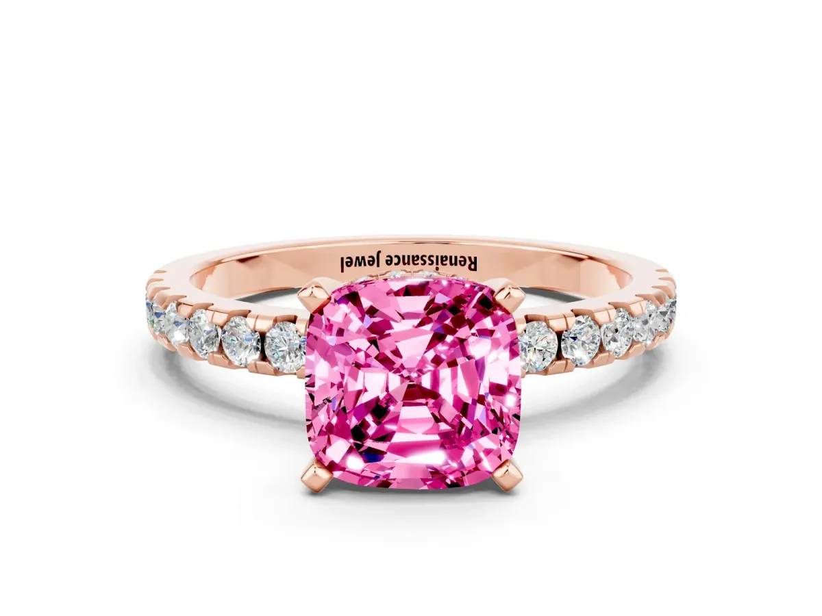 Cushion Cut Pink Sapphire Solitaire Ring with Round Pavé Band and Four-Prong Setting Rose gold