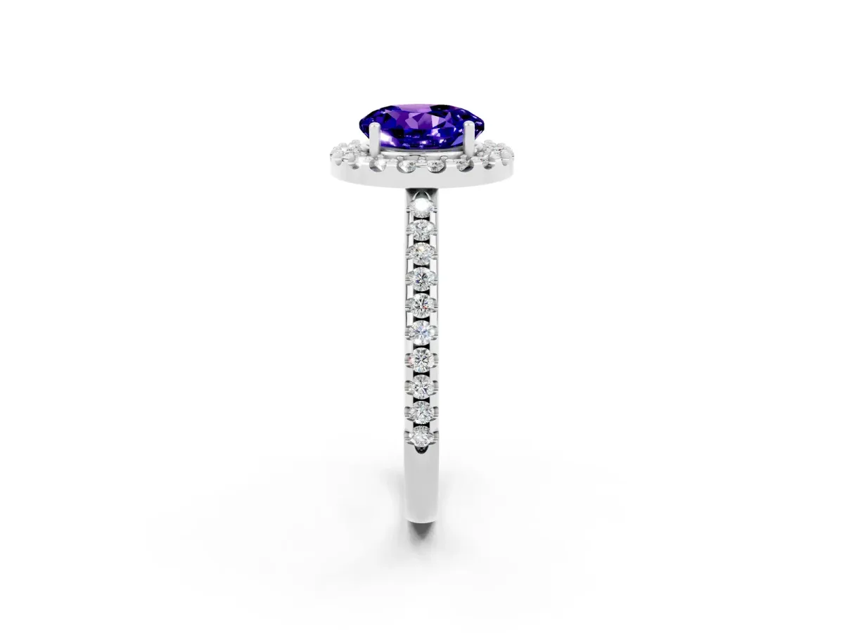 Round Cut Tanzanite Pavé Halo Ring with Four-Prong Setting Platinum