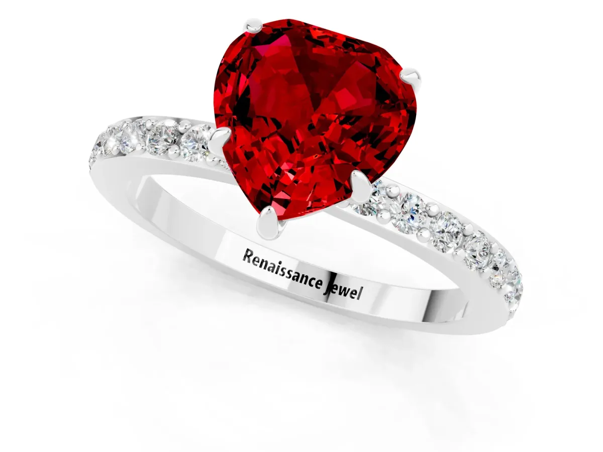 Heart Cut Ruby Solitaire Engagement Ring with Pavé Band and Four-Prong Setting Silver
