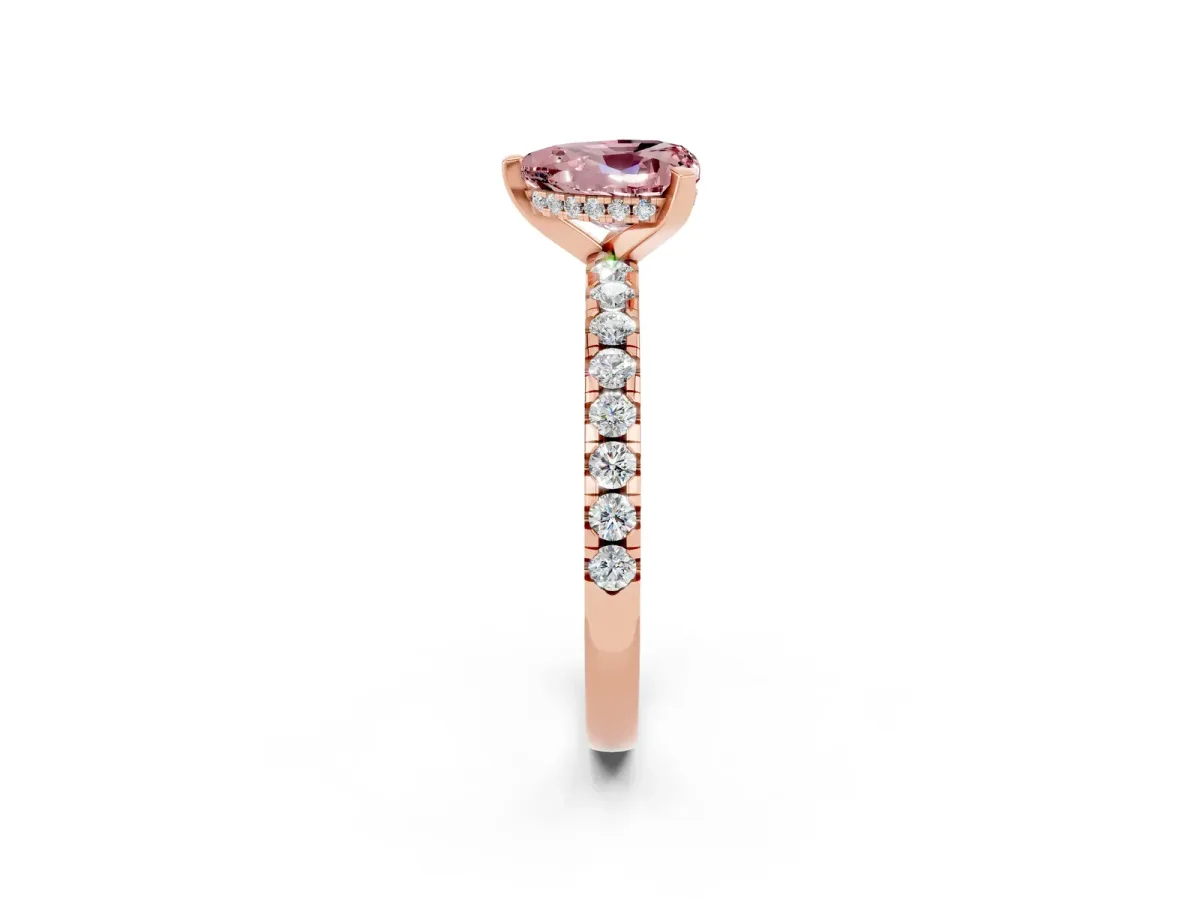 Heart Cut Morganite Solitaire Ring with Round Pavé Band and Four-Prong Setting Rose gold