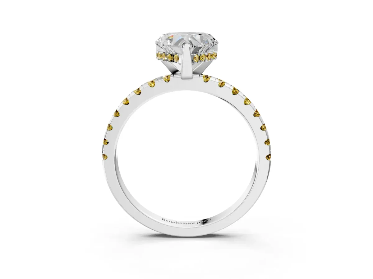 Heart Cut Diamond Solitaire Ring with Round Yellow Sapphire Pavé Band and Four-Prong Setting White gold