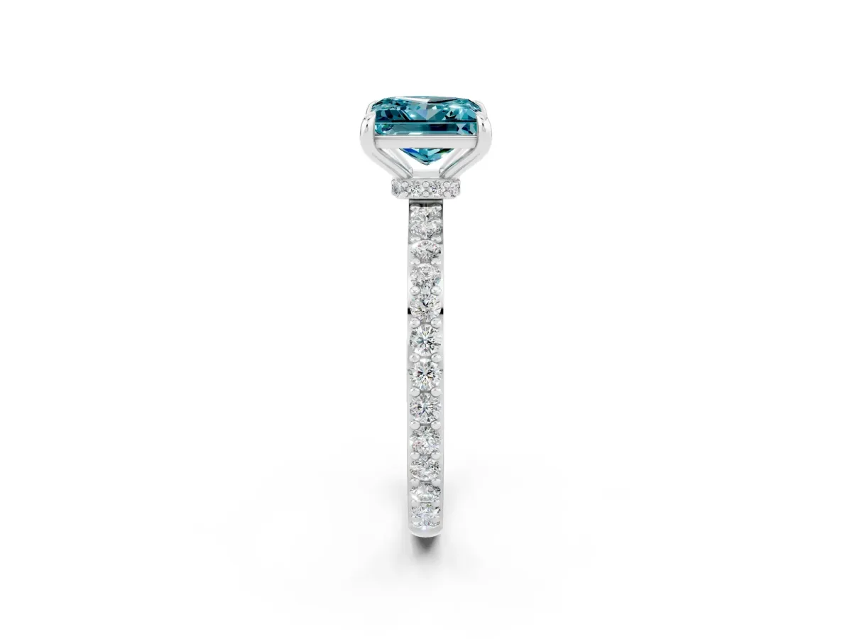 Princess Cut Blue Topaz Solitaire Engagement Ring with Pavé Band and Four-Prong Setting White gold