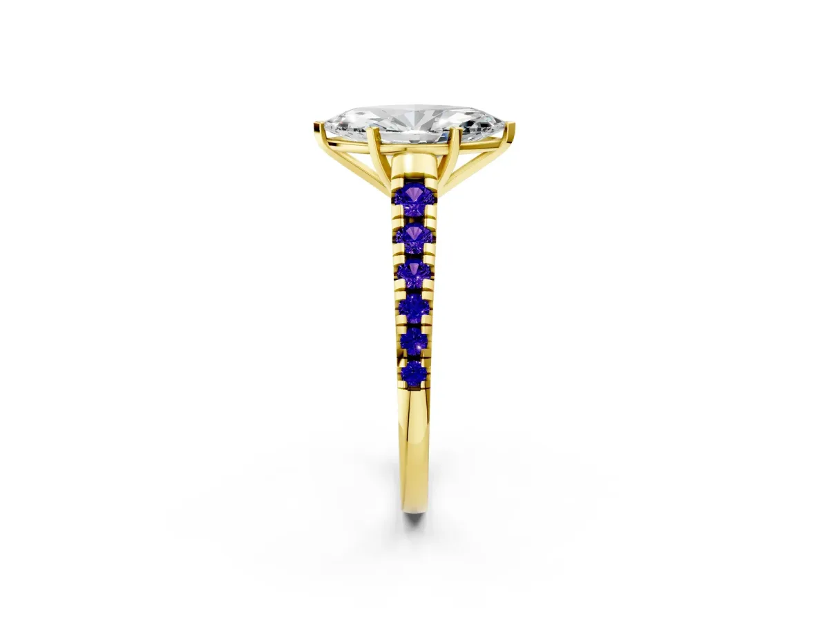 Marquise Cut Diamond Cathedral Solitaire Ring with Round Tanzanite Pavé Band Yellow gold
