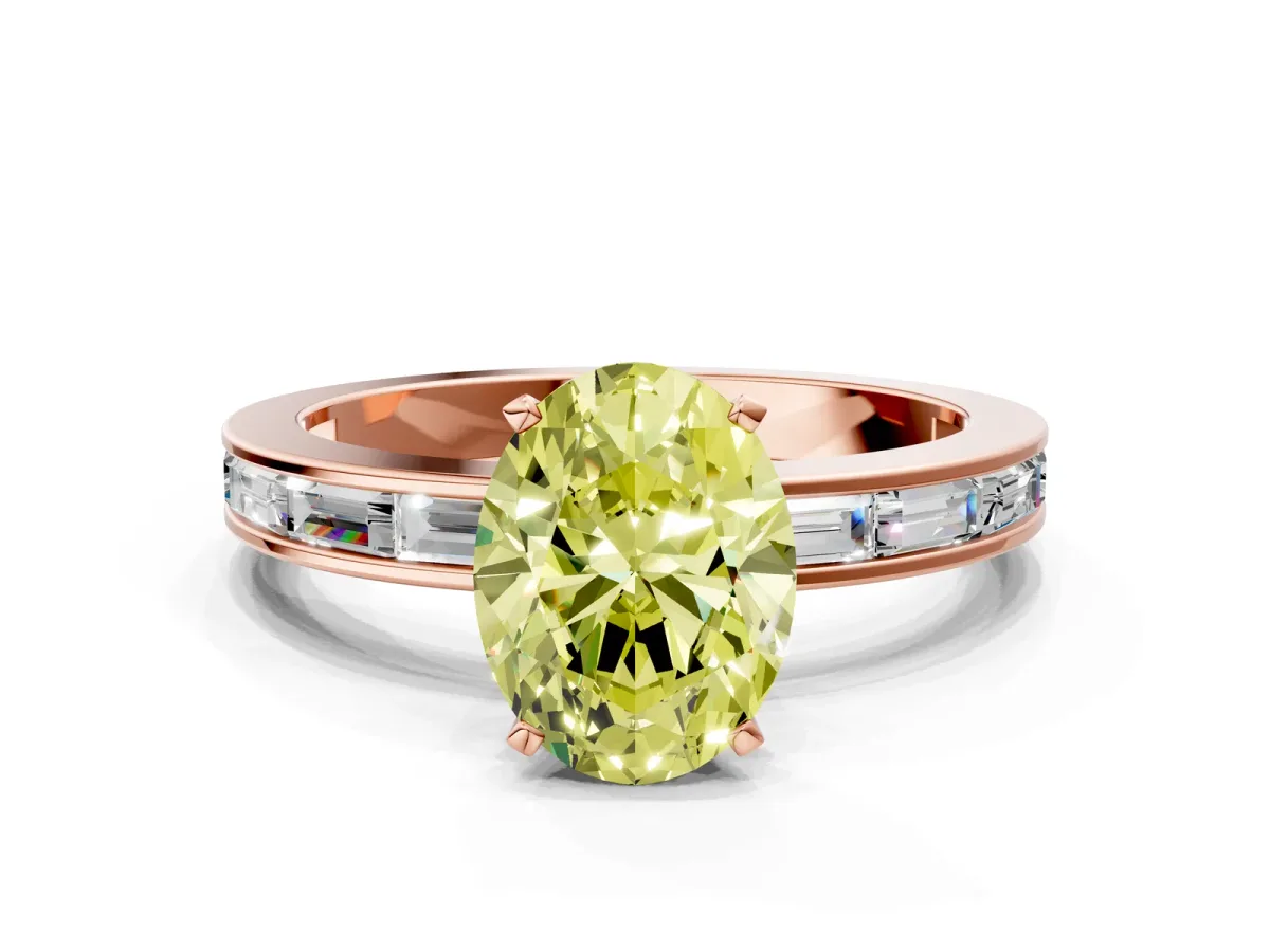 Fancy Yellow Oval Cut Solitaire Diamond Ring with Channel-Set Baguette Band and Four-Prong Setting Rose gold