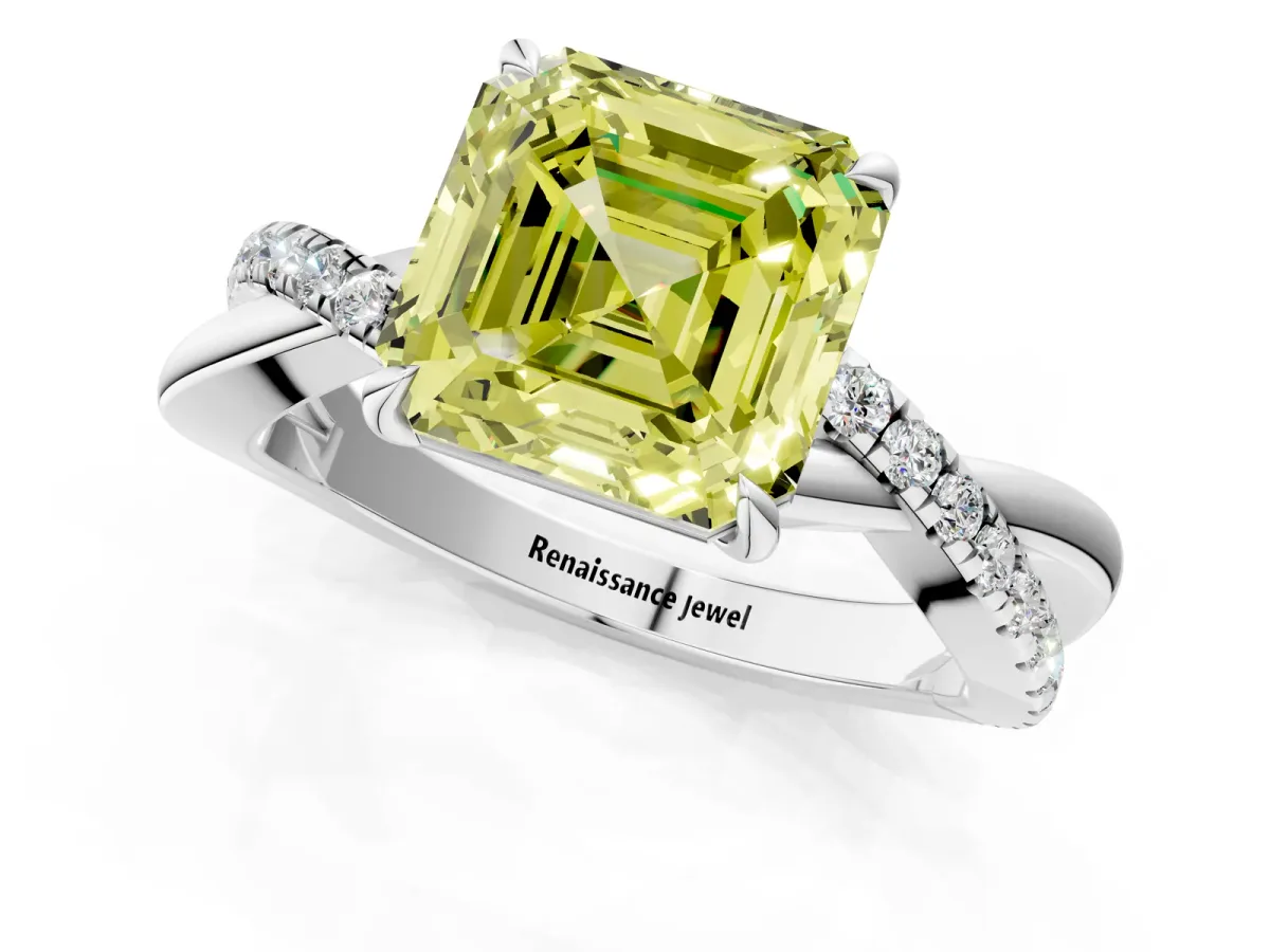 Fancy Yellow Asscher Cut Cut Diamond Twisted Band with Pavé Setting and Four-Prong Setting Platinum