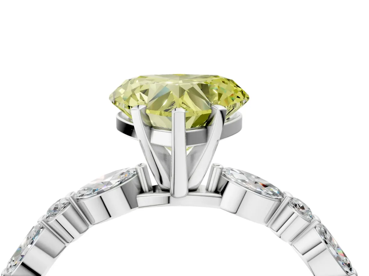 Fancy Yellow Heart Cut Diamond Ring with Marquise and Round Side Stones and Four-Prong Setting White gold