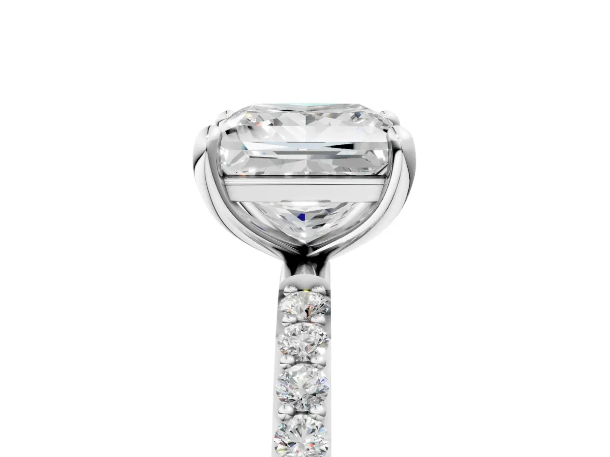 Princess Cut Diamond Solitaire Ring with Round Pavé Band and Prong Setting White gold
