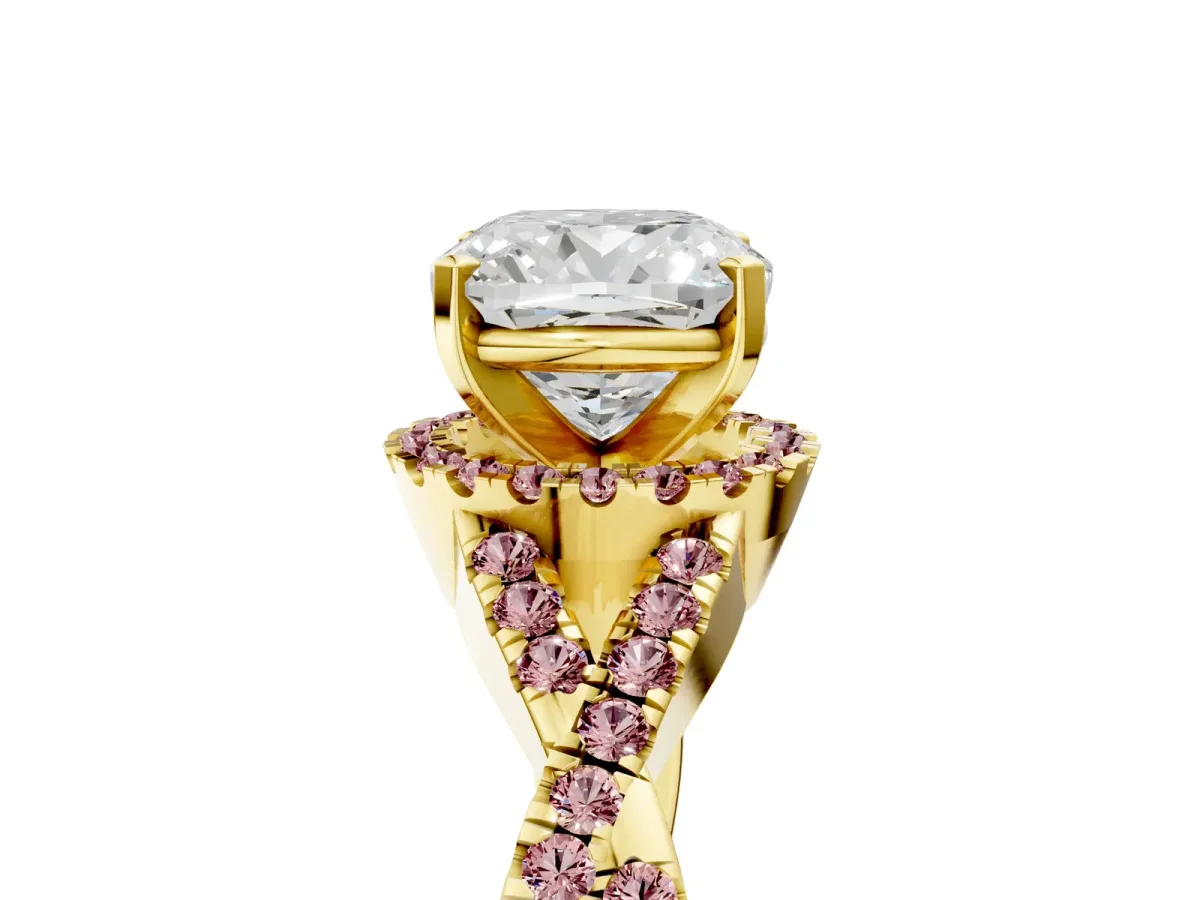 Cushion Cut Diamond Morganite Halo Twist Band Solitaire Prong Setting Ring Yellow gold