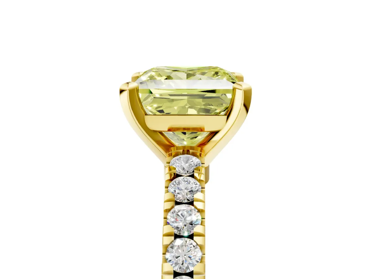 Fancy Yellow Princess Cut Solitaire Diamond with Pavé Band and Four-Prong Setting Yellow gold
