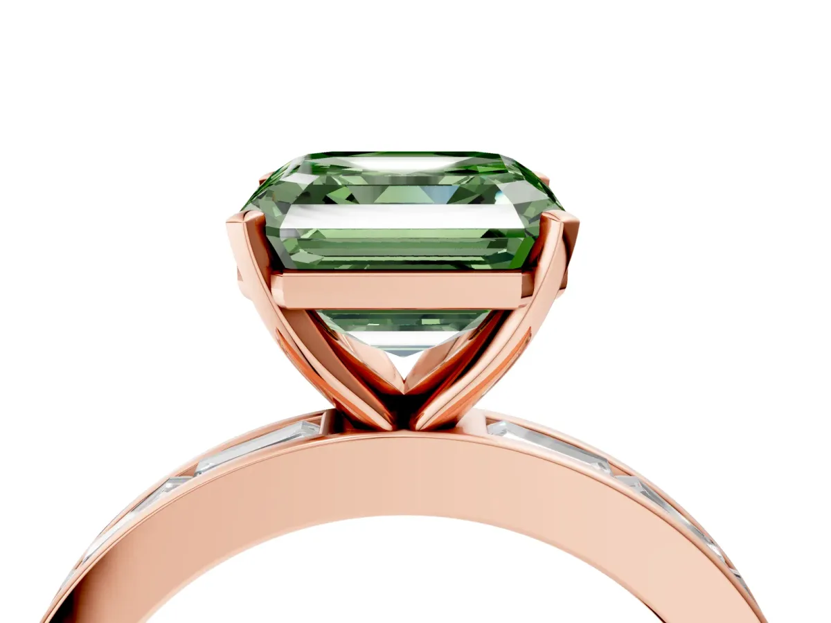 Fancy Green Asscher Cut Solitaire Diamond Ring with Channel-Set Baguette Band and Four-Prong Setting Rose gold