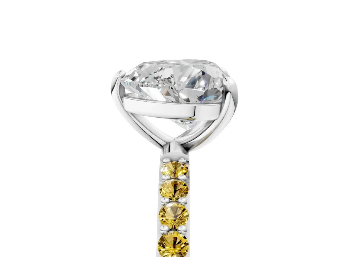 Heart Cut Diamond Solitaire Ring with Round Yellow Sapphire Pavé Band and Prong Setting White gold