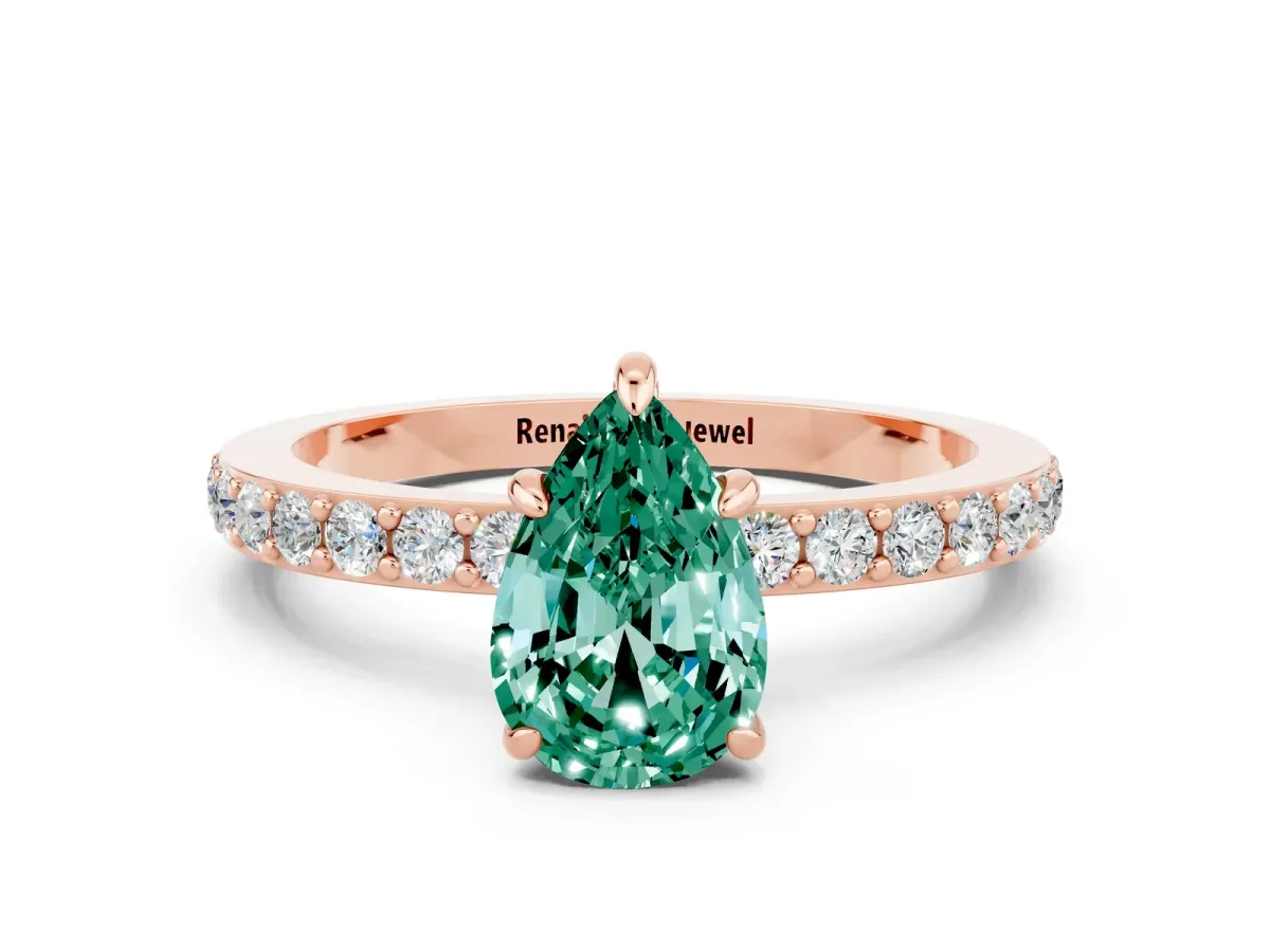 Pear Cut Green Sapphire Solitaire Engagement Ring with Pavé Band and Four-Prong Setting Rose gold