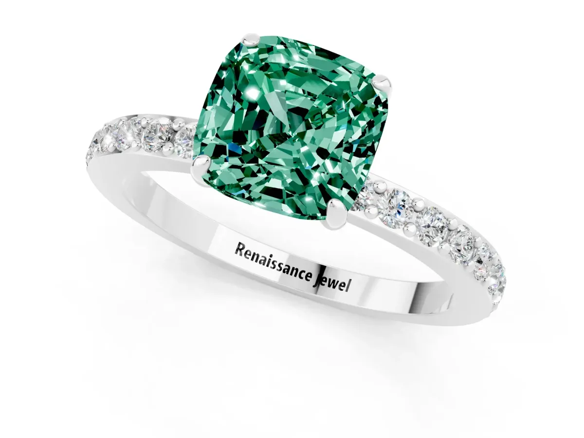 Cushion Cut Green Sapphire Solitaire Engagement Ring with Pavé Band and Four-Prong Setting White gold