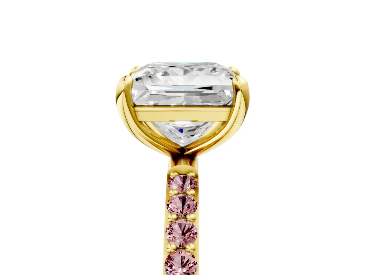 Princess Cut Diamond Solitaire Ring with Round Morganite Pavé Band and Prong Setting Yellow gold