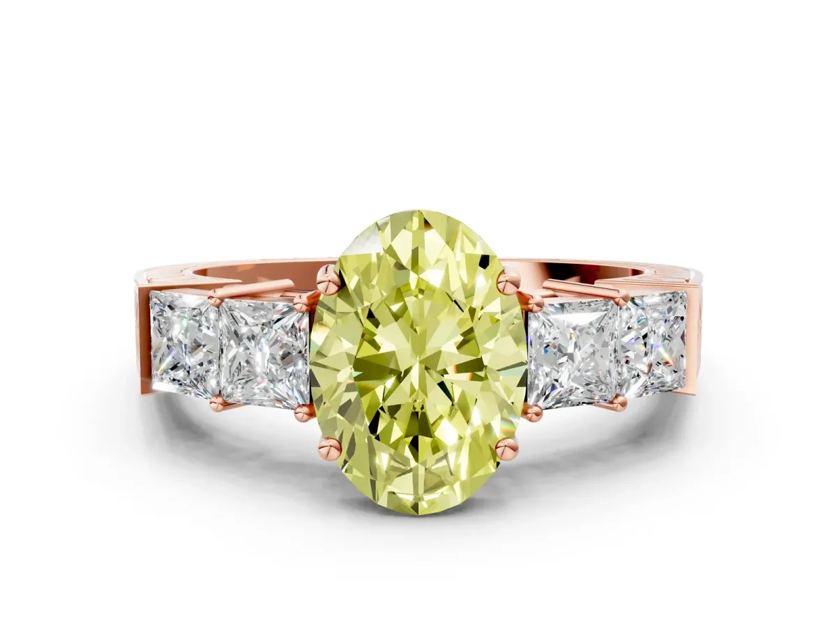 Fancy Yellow Oval Cut Solitaire Princess Side Stone Engraved Band Prong Setting Ring Rose gold