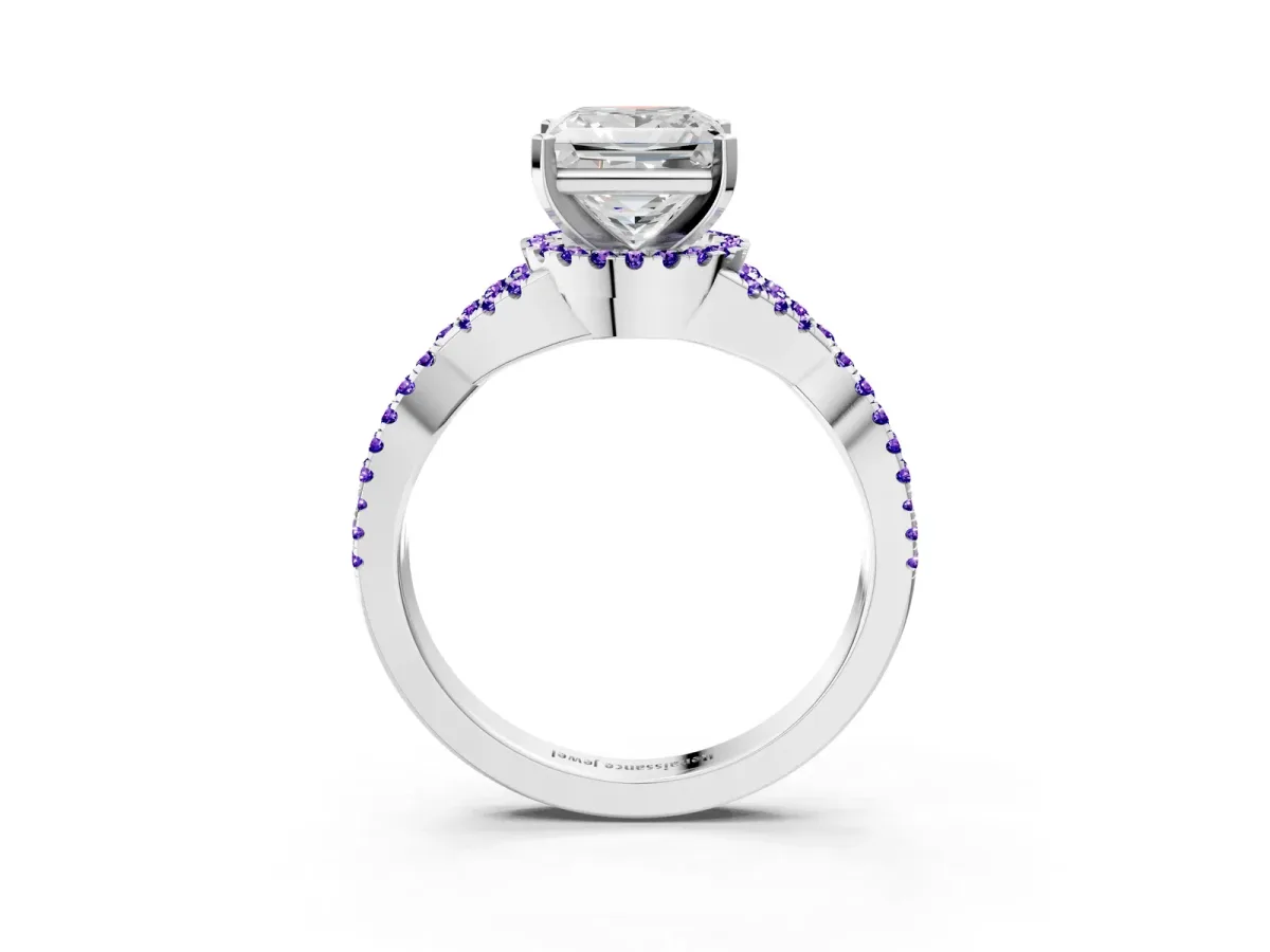 Princess Cut Diamond Tanzanite Halo Twist Band Solitaire Prong Setting Ring White gold