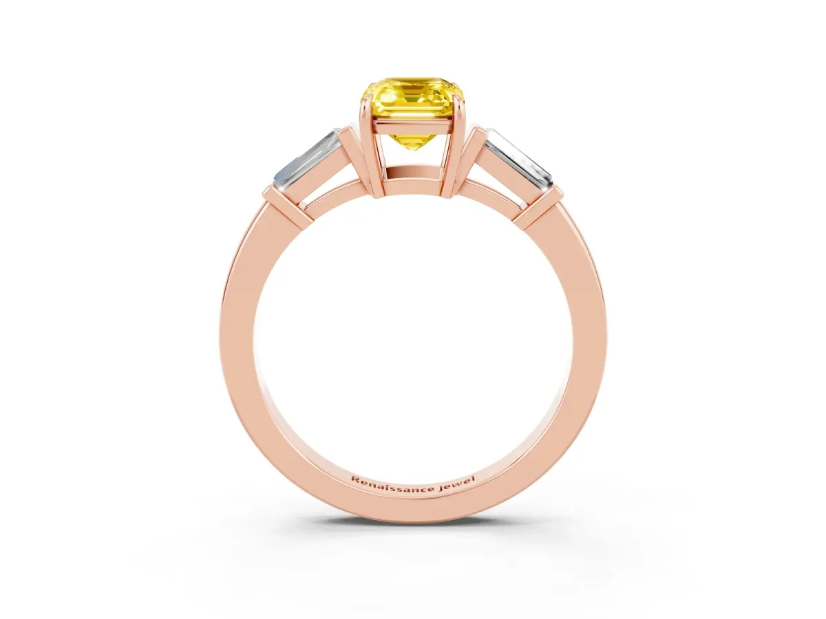 Emerald Cut Yellow Sapphire Three-Stone Ring with Tapered Baguette Side Stones and Prong Setting Rose gold