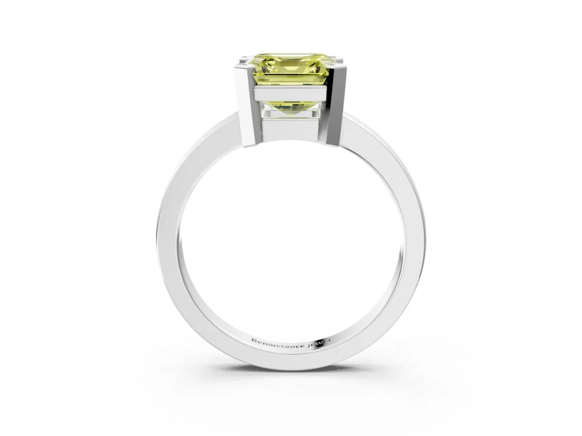 Fancy Yellow Asscher Cut Cut Solitaire Ring with Four-Prong Setting and Classic Band Platinum