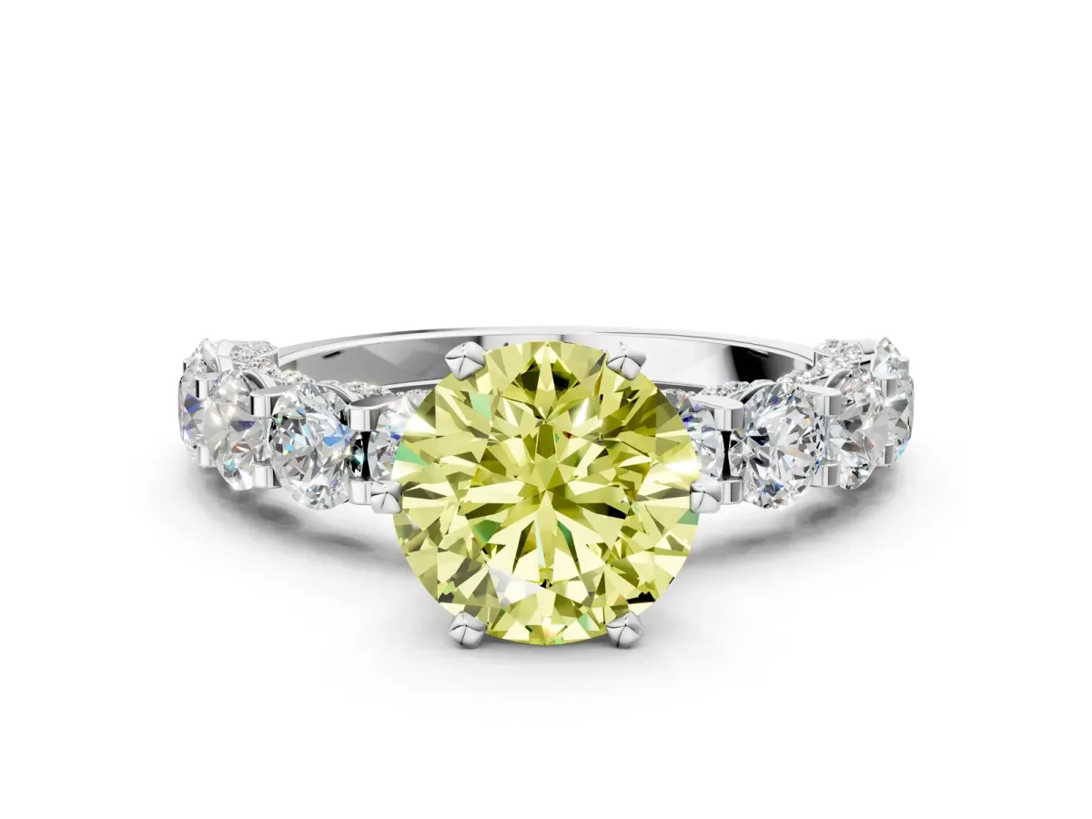 Fancy Yellow Round Cut Diamond Side Stone Engagement Ring with Four-Prong Setting Silver