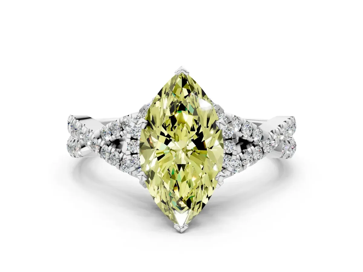 Fancy Yellow Marquise Cut Diamond Halo Twist Band Solitaire Prong Setting Ring White gold