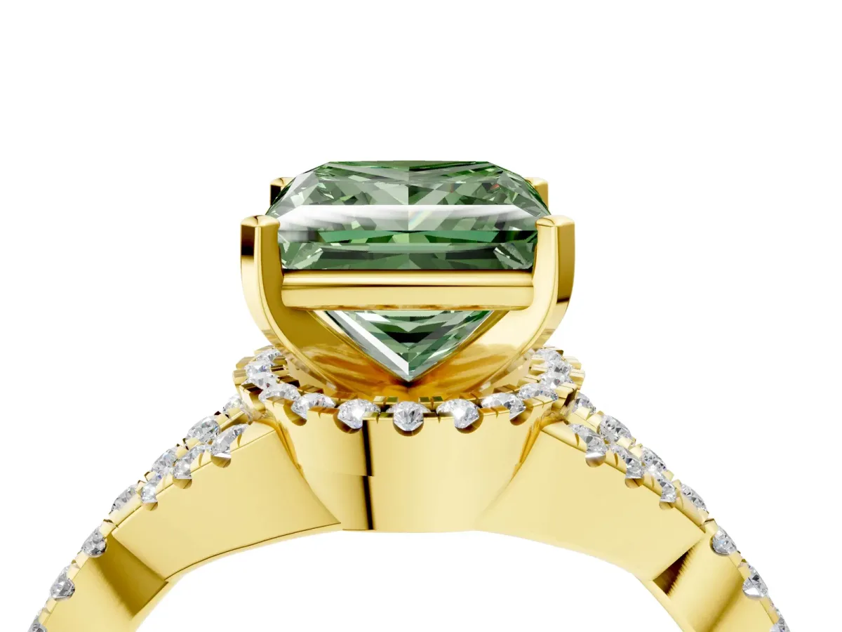 Fancy Green Princess Cut Diamond Halo Twist Band Solitaire Prong Setting Ring Yellow gold