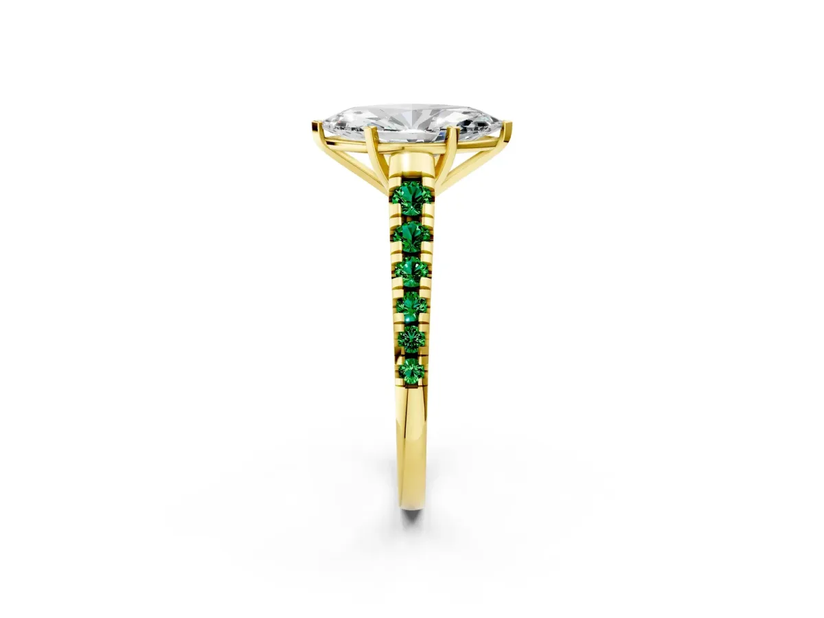 Marquise Cut Diamond Cathedral Solitaire Ring with Round Emerald Pavé Band Yellow gold