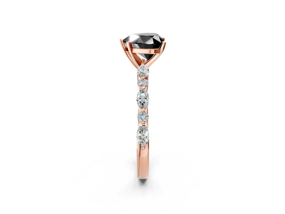 Fancy Black Heart Cut Diamond Ring with Marquise and Round Side Stones and Four-Prong Setting Rose gold