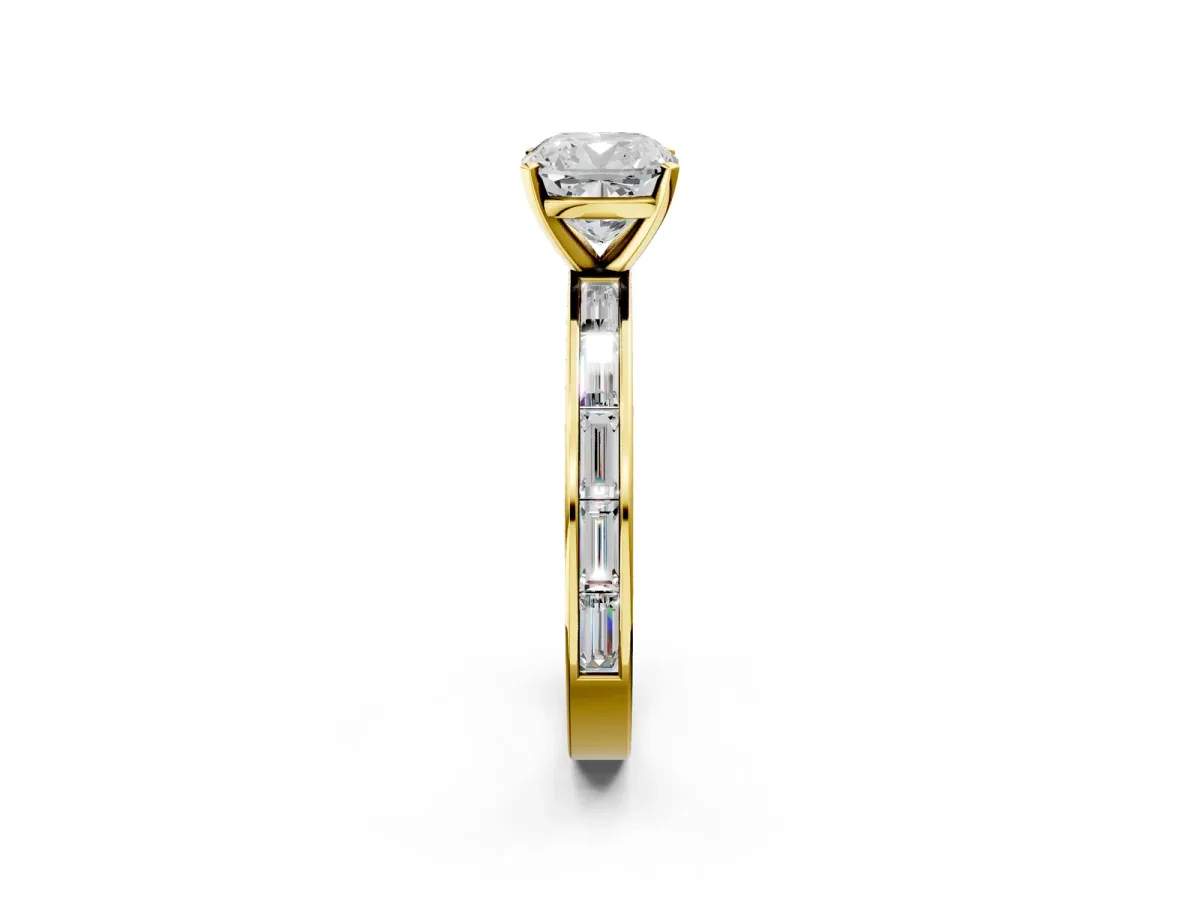 Cushion Cut Solitaire Diamond Ring with Channel-Set Baguette Band and Four-Prong Setting Yellow gold