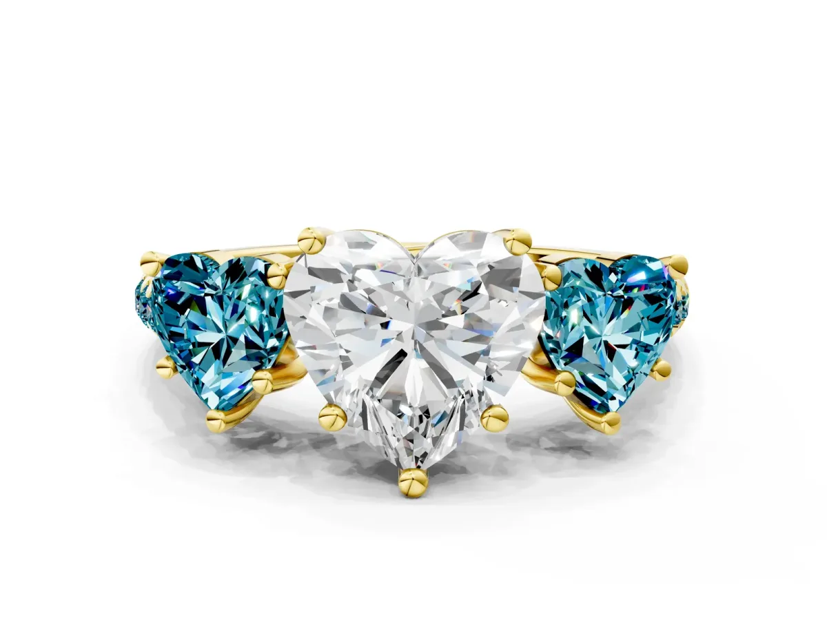 Three-Stone Heart Cut Diamond Ring with Round Blue Topaz Pavé Band and Prong Setting Yellow gold