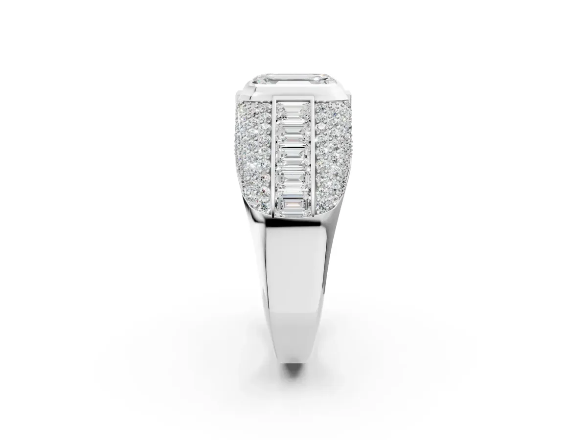 Emerald Cut Diamond Mens Ring with Side Stones White gold
