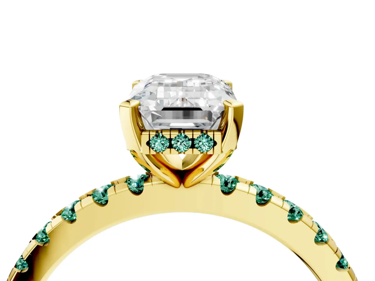 Emerald Cut Diamond Solitaire Ring with Round Green Sapphire Pavé Band and Four-Prong Setting Yellow gold