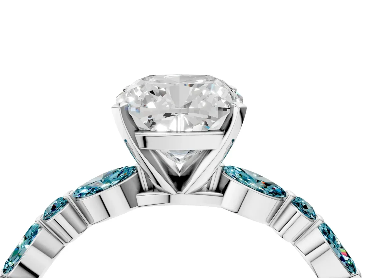 Cushion Cut Diamond Ring with Marquise and Round Blue Topaz Side Stones and Four-Prong Setting White gold