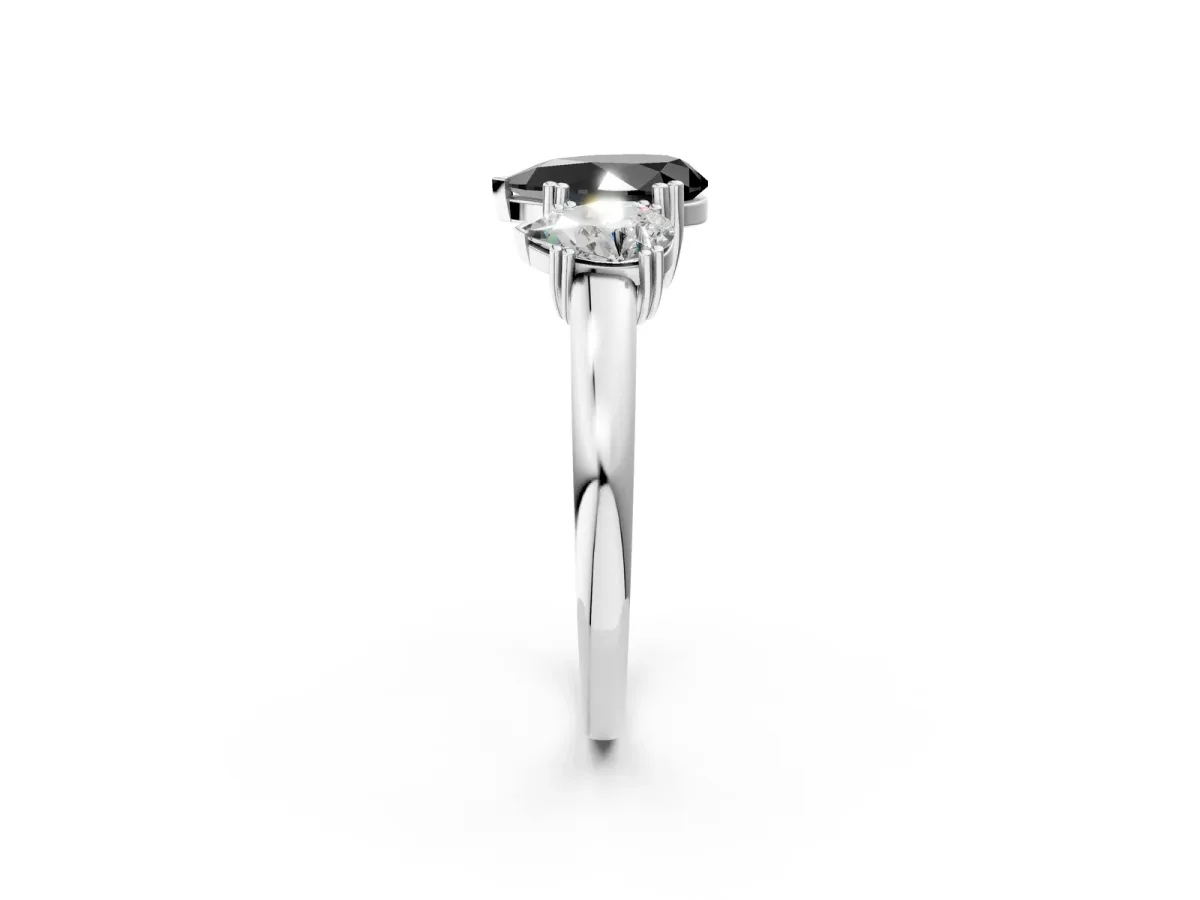 Fancy Black Three-Stone Pear Cut Cut Diamond Ring with Channel Set Band and Four-Prong Setting Silver