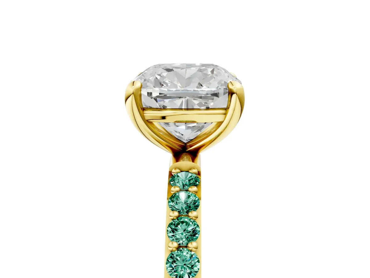 Cushion Cut Diamond Solitaire Ring with Round Green Sapphire Pavé Band and Prong Setting Yellow gold