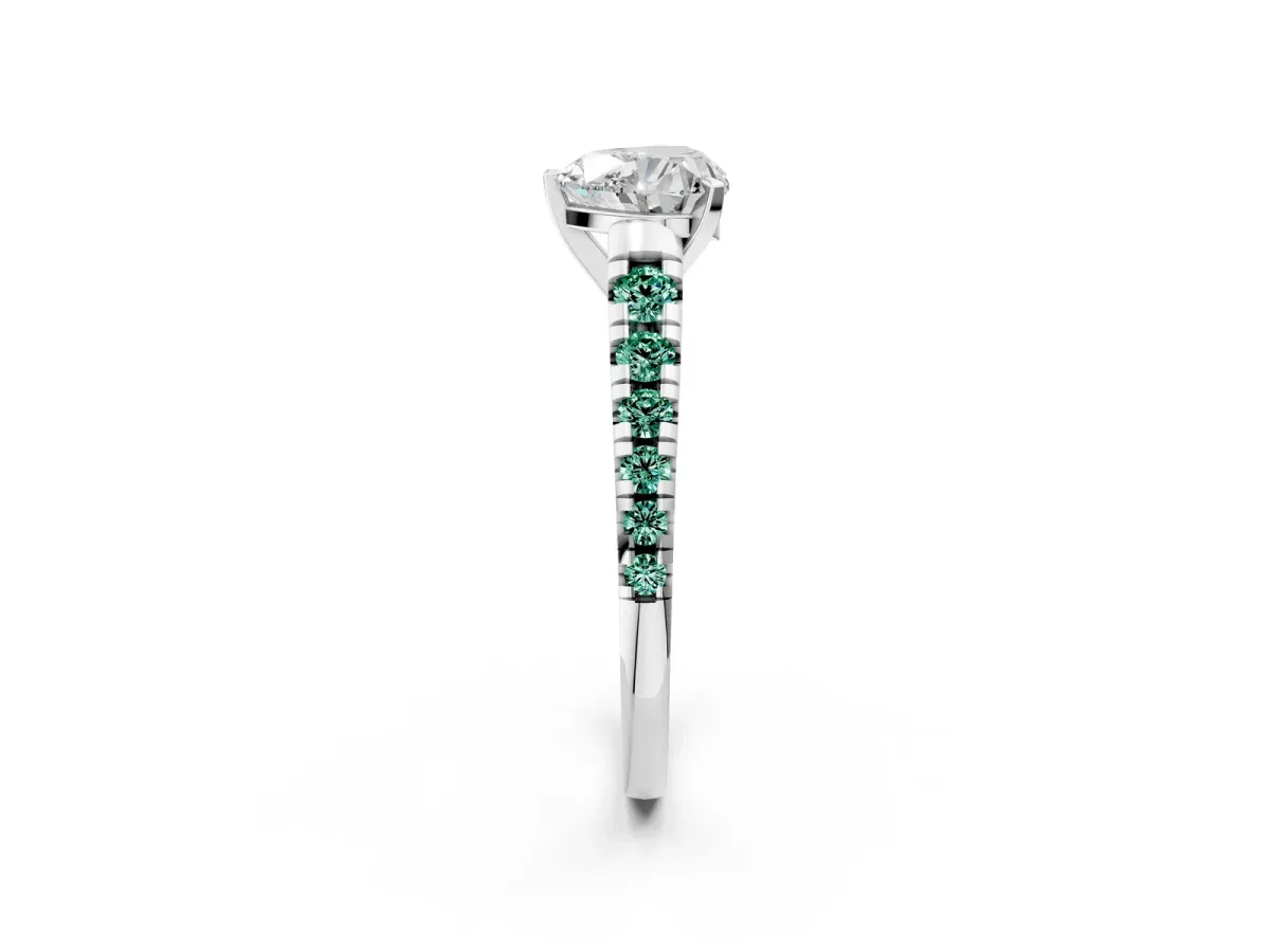 Heart Cut Diamond Cathedral Solitaire Ring with Round Green Sapphire Pavé Band White gold
