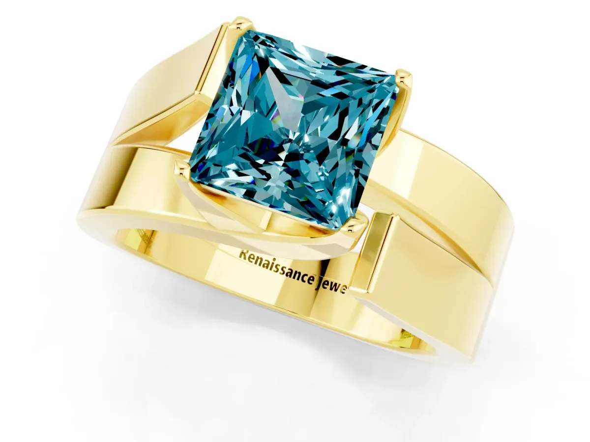 Modern Tension Set Princess Cut Blue Topaz Solitaire Wide Band Ring Yellow gold